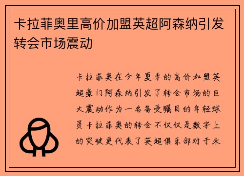 卡拉菲奥里高价加盟英超阿森纳引发转会市场震动 卡拉菲奥里高价加盟英超阿森纳引发转会市场震动