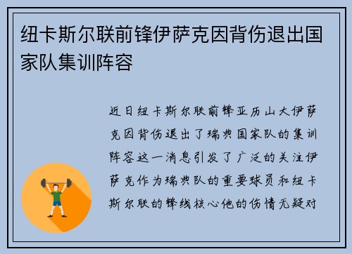 纽卡斯尔联前锋伊萨克因背伤退出国家队集训阵容 纽卡斯尔联前锋伊萨克因背伤退出国家队集训阵容